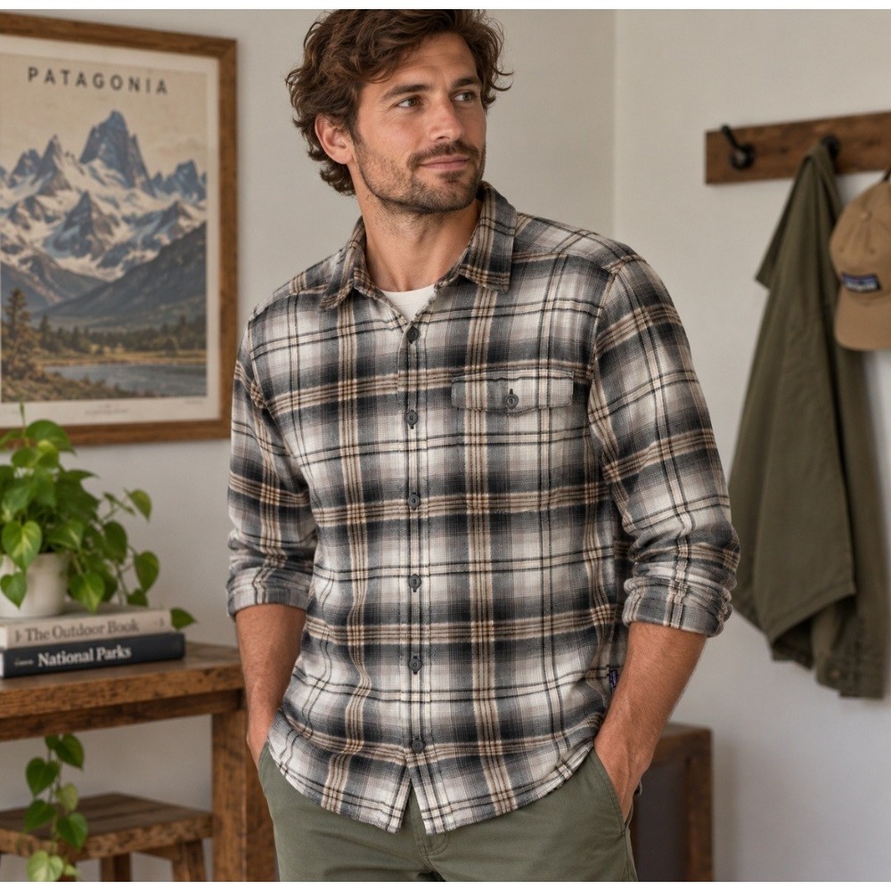 Patagonia Organic Cotton Flannel Shirt Mens Small Gray Black Plaid Outdoor Sz S